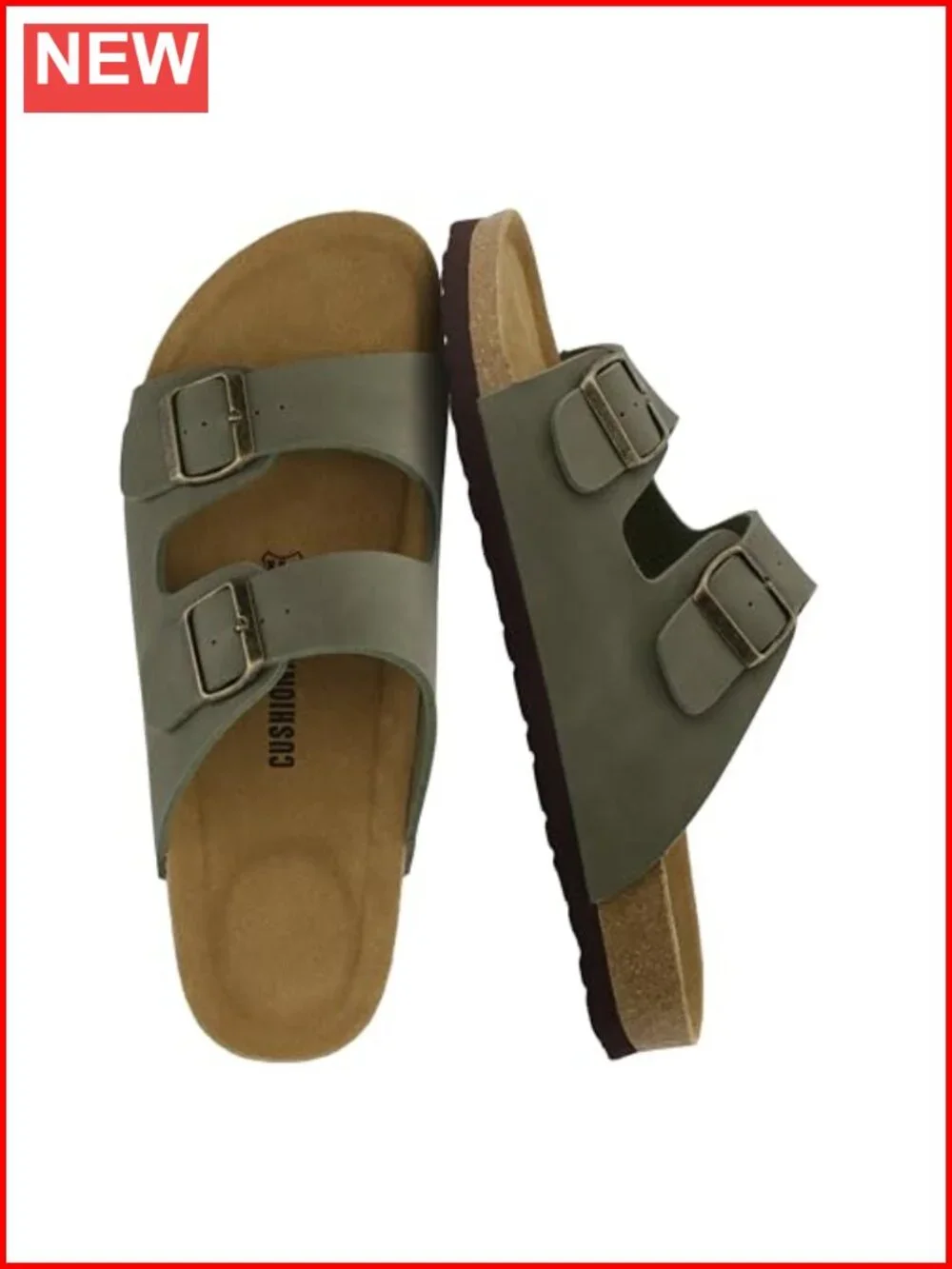 Cork Footbed Mens Sandals Adjustable Buckle Comfort Slides Genuine Leather